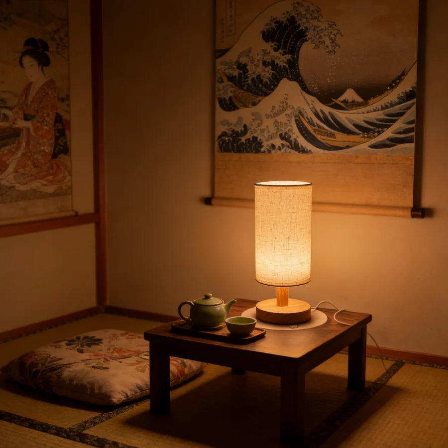 Wooden table lamp with linen shade on a low Japanese-style table, softly lighting a room with traditional wall art and a floor cushion