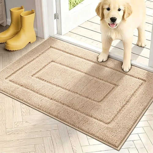 Soft beige rectangular door mat in entryway with puppy and yellow boots nearby