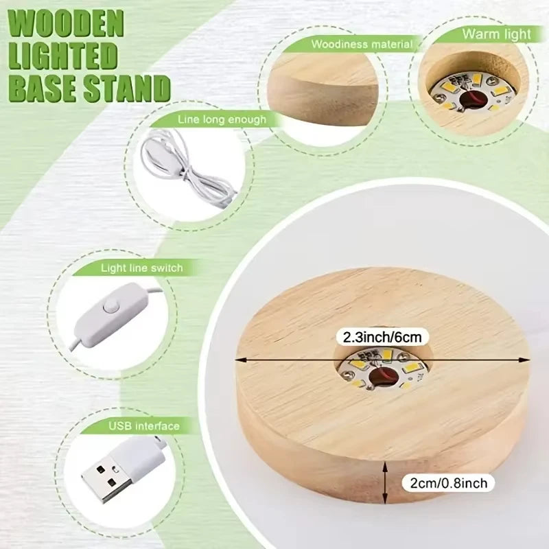 Wooden LED display base with labeled diagram showing 6cm diameter, USB cord, and switch