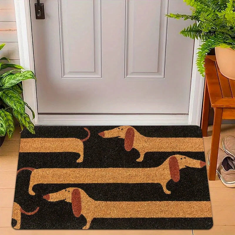 Dachshund doormat with playful sausage dog design at front door entryway