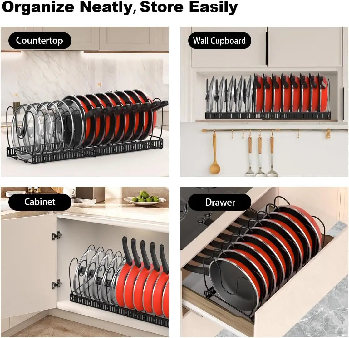 Expandable Pot and Pan Organizer Rack with Adjustable Dividers