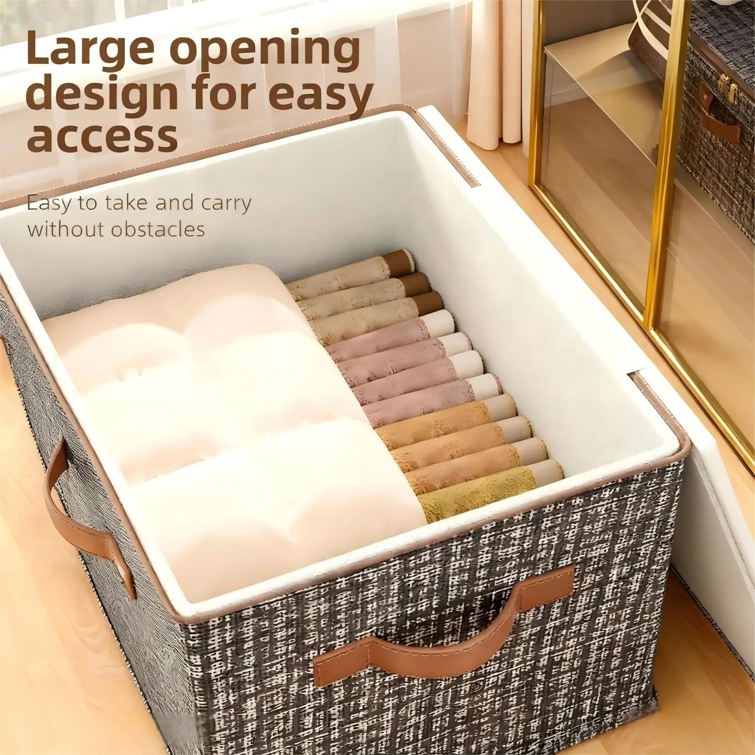 Inside view of storage bin with folded clothes to show large opening and easy access
