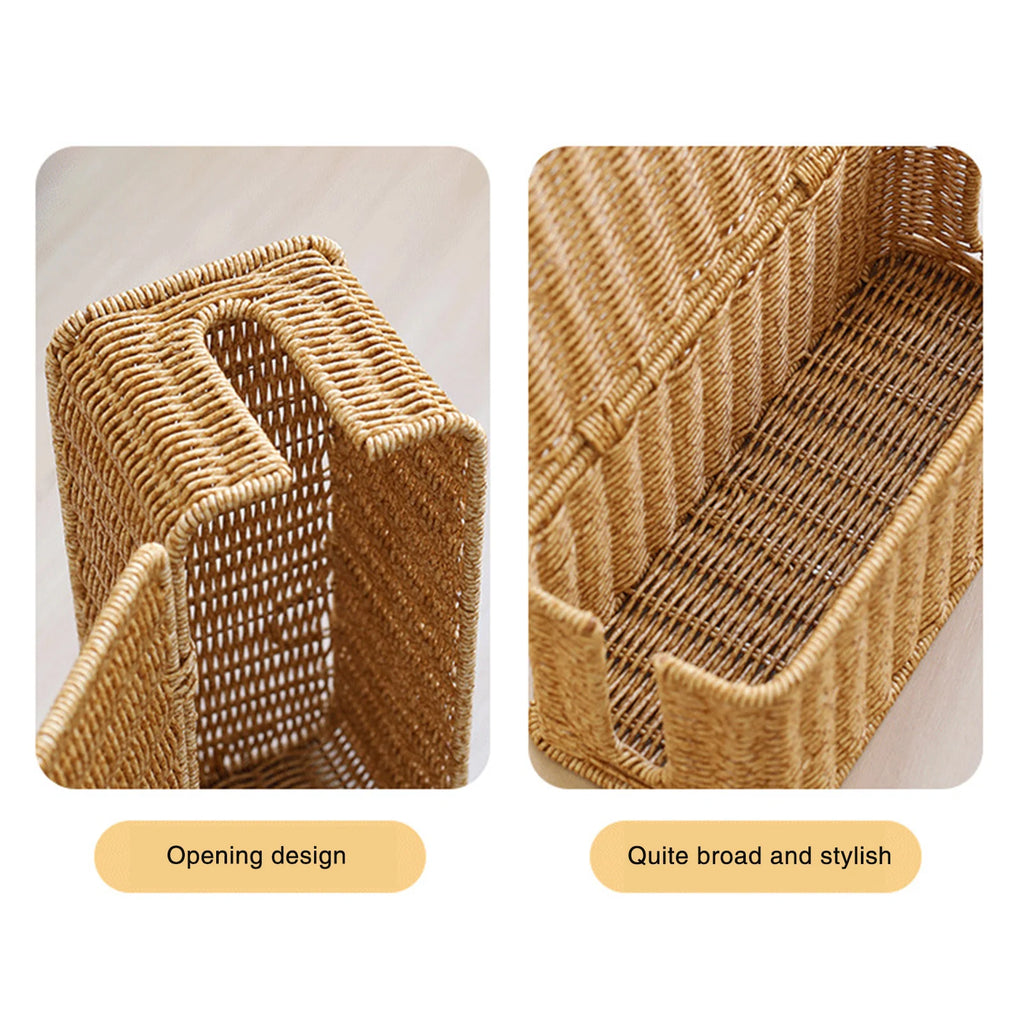 Woven plastic cord organizer box showing open slot detail and wide storage interior