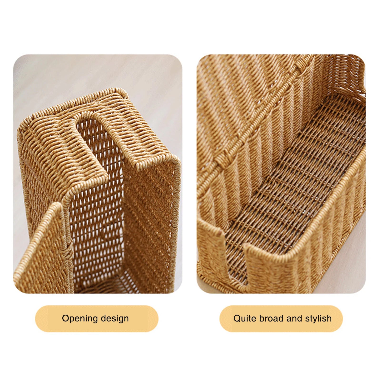 Woven plastic cord organizer box showing open slot detail and wide storage interior