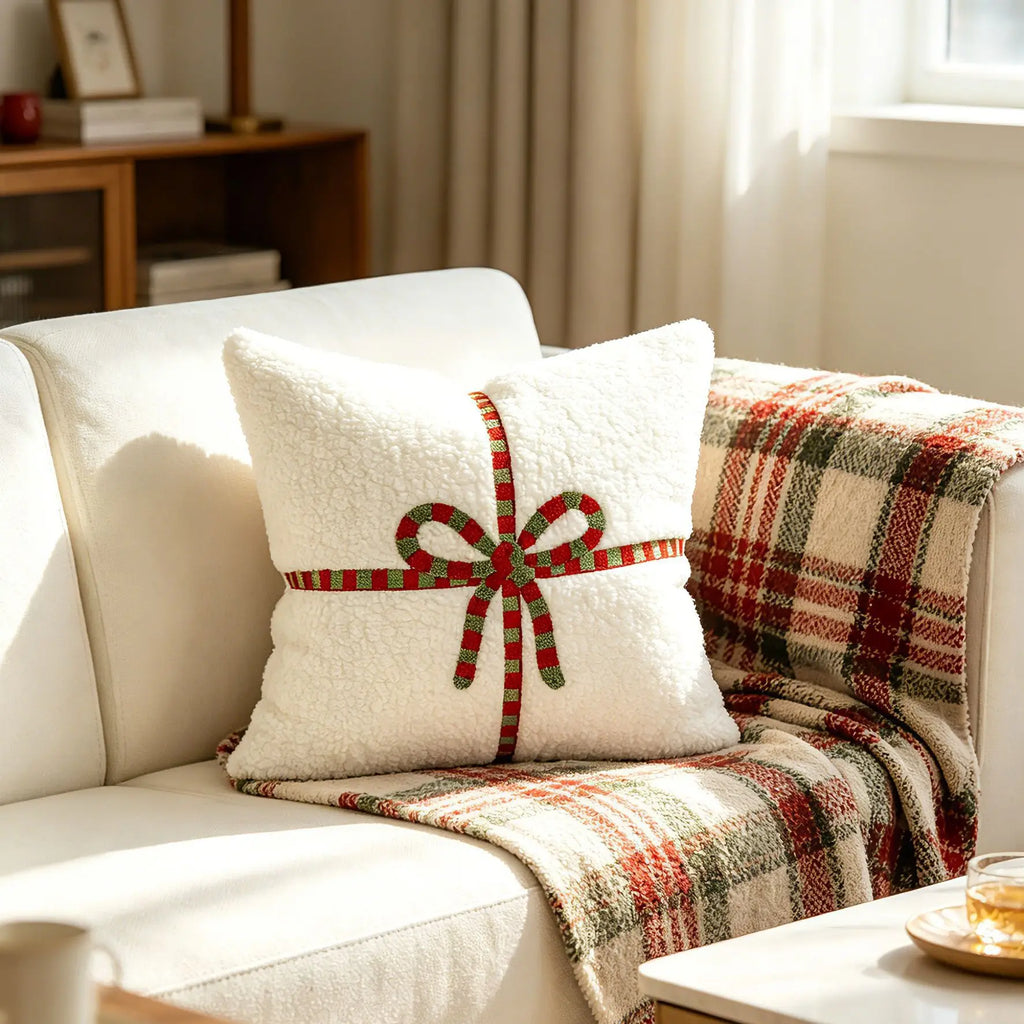 Gift Bow Teddy Velvet Throw Pillow Cover for Christmas Living Room or Bedroom, Square 45x45cm, Red or Beige