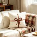 Gift Bow Teddy Velvet Throw Pillow Cover for Christmas Living Room or Bedroom, Square 45x45cm, Red or Beige