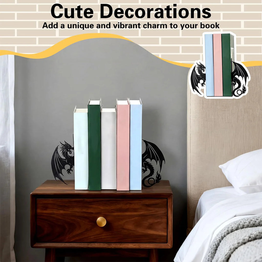 Dragon metal bookends used on a bedside table with books in a cozy bedroom