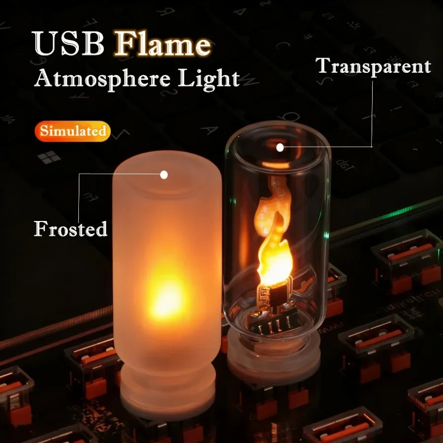 Frosted and transparent USB candle night light options illuminated on a keyboard