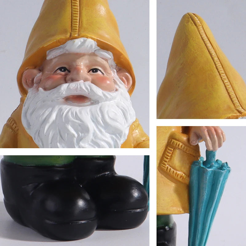 Garden Gnome Statue with Yellow Raincoat and Umbrella