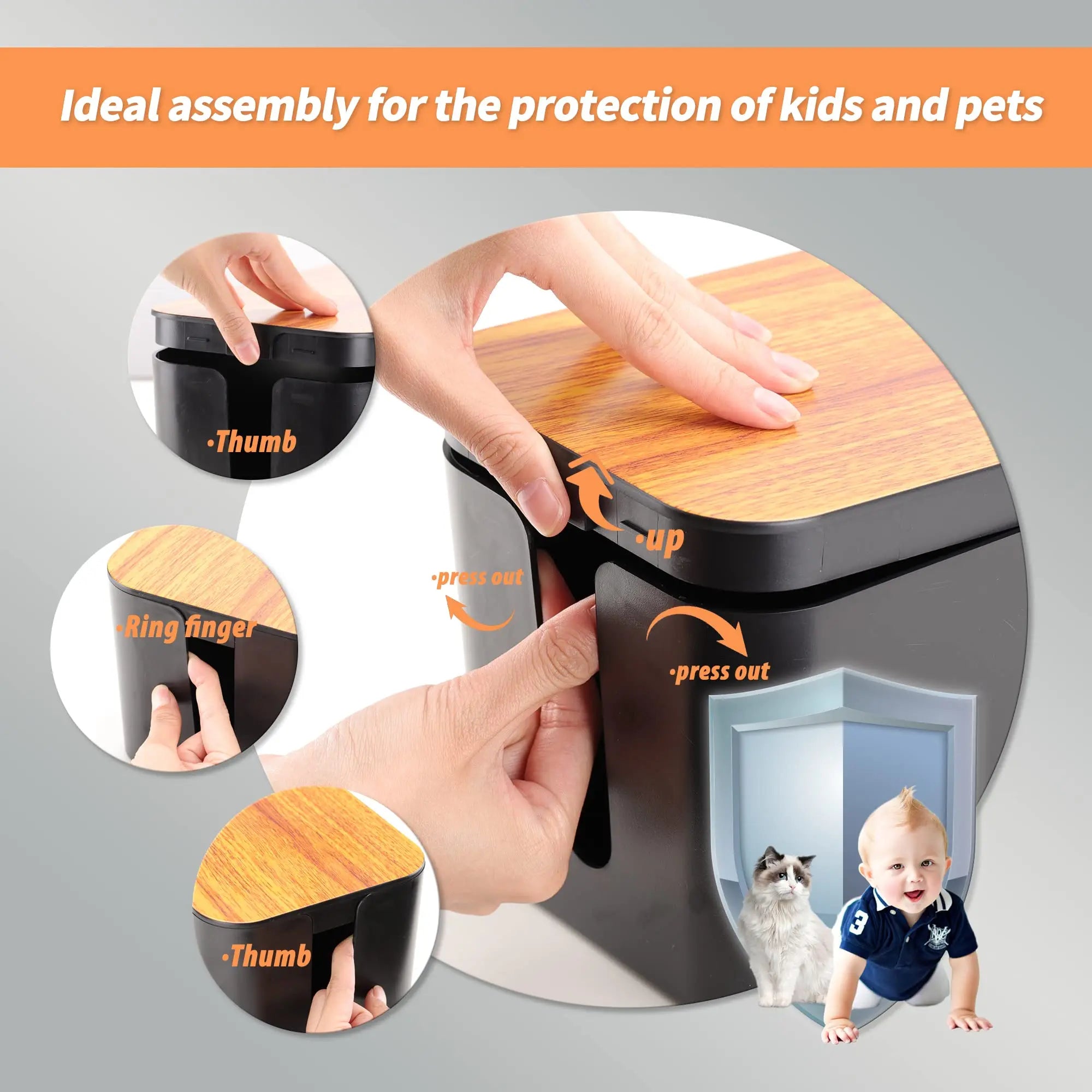 How to open the cable management box, showing hands pressing and lifting the lid, with pet and child icons