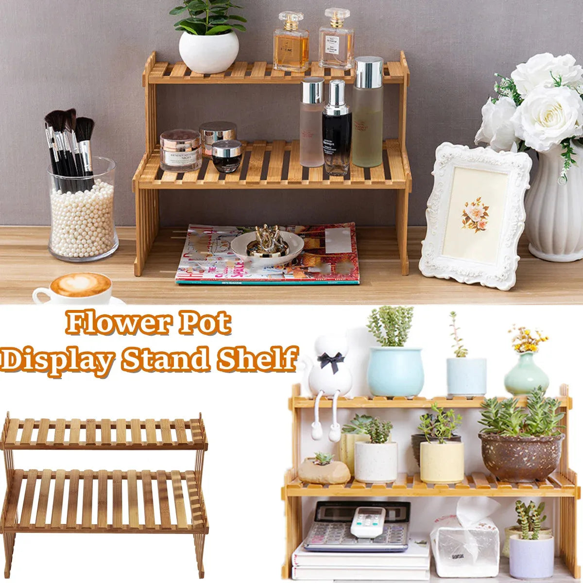 Bamboo 2-tier display shelf organizing toiletries, plants, and decor on a countertop