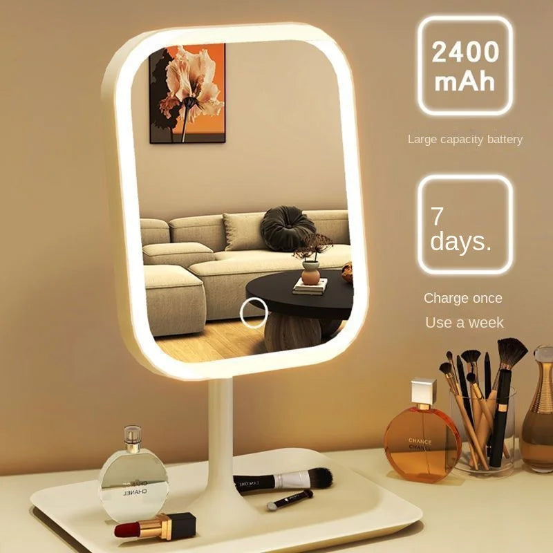 LED makeup mirror on vanity table displaying large capacity battery and lighting usage text