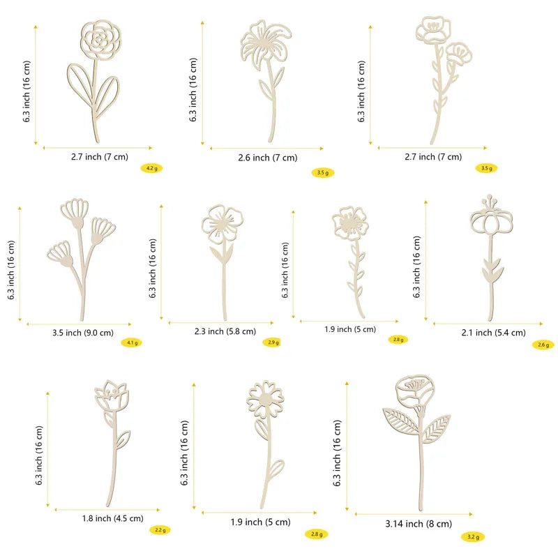 Wildflower Wooden Floral Cutouts – Set of 10 DIY Vase or Wall Decor