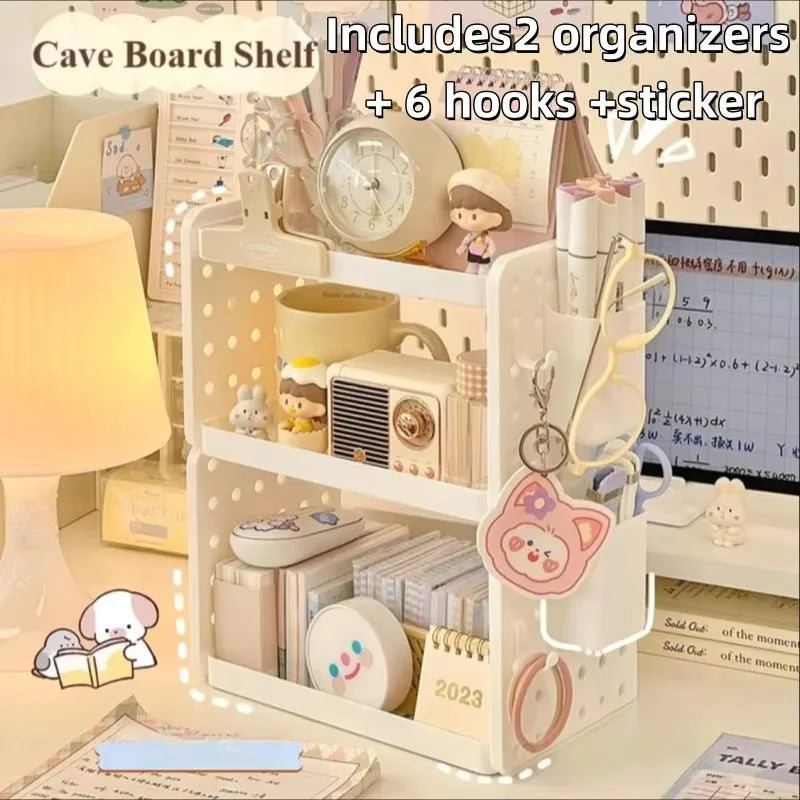 Multi-Tier Pegboard Desktop Organizer with Adjustable Hooks & Pen Holder for Home Office