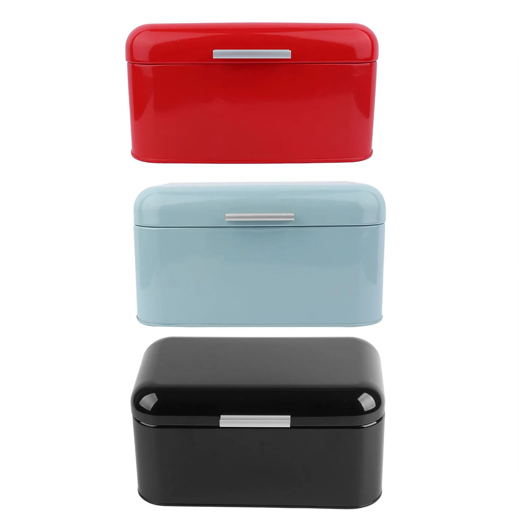 Three rectangular metal bread boxes in red, blue, and black colors