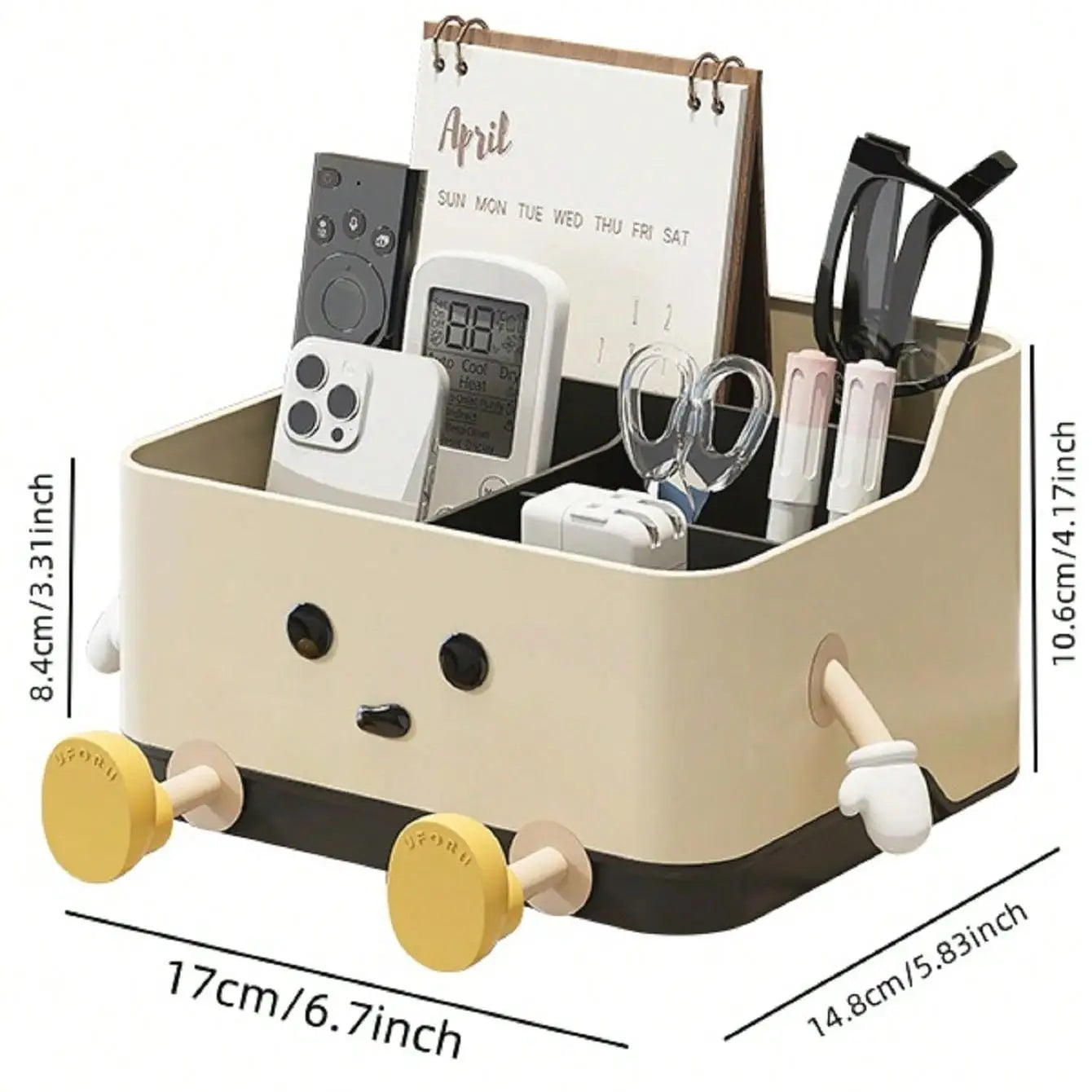 Beige desktop organizer with character face showing compartments and size measurements