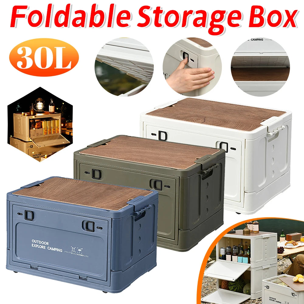 Collapsible storage bins with wooden lids in multiple colors; side door and table use shown