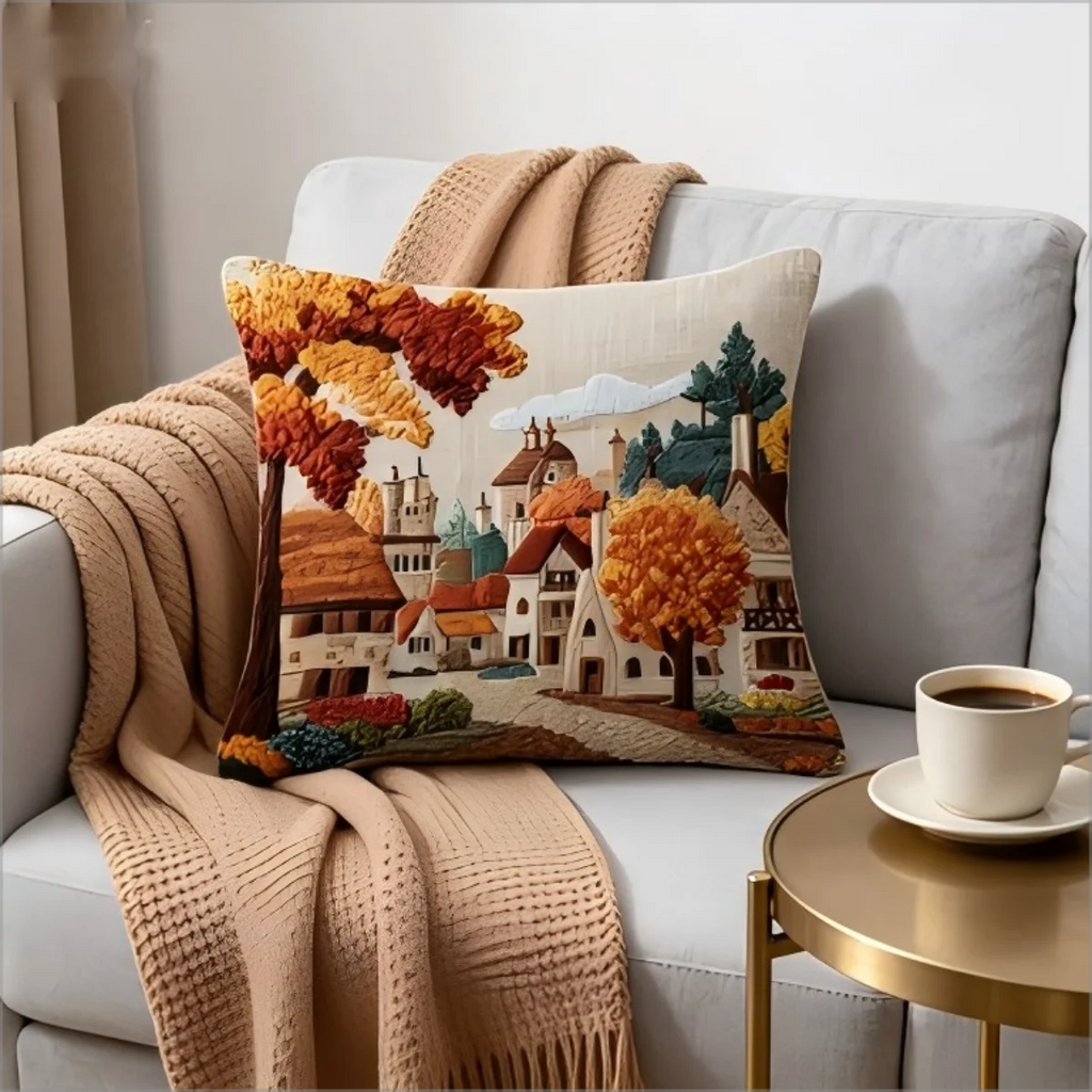 Autumn village landscape throw pillow cover styled on a light gray sofa with a warm knit throw and coffee table.