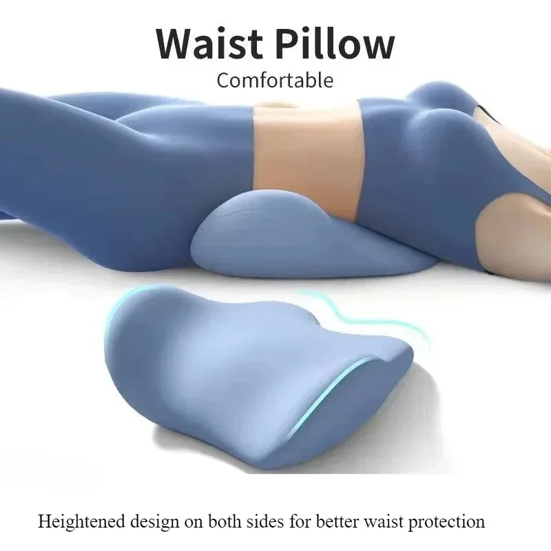 memory foam lumbar support pillow shown under lower back for comfort in bed