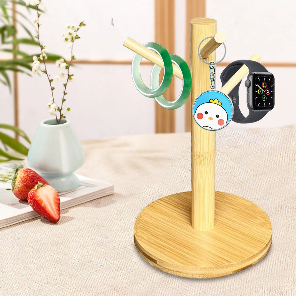 Bamboo Mug Tree Holder – Compact Countertop Rack with 3 or 6 Hooks