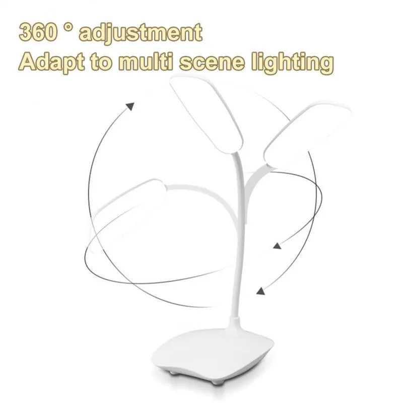 Illustration showing flexible 360-degree adjustment of LED desk lamp neck
