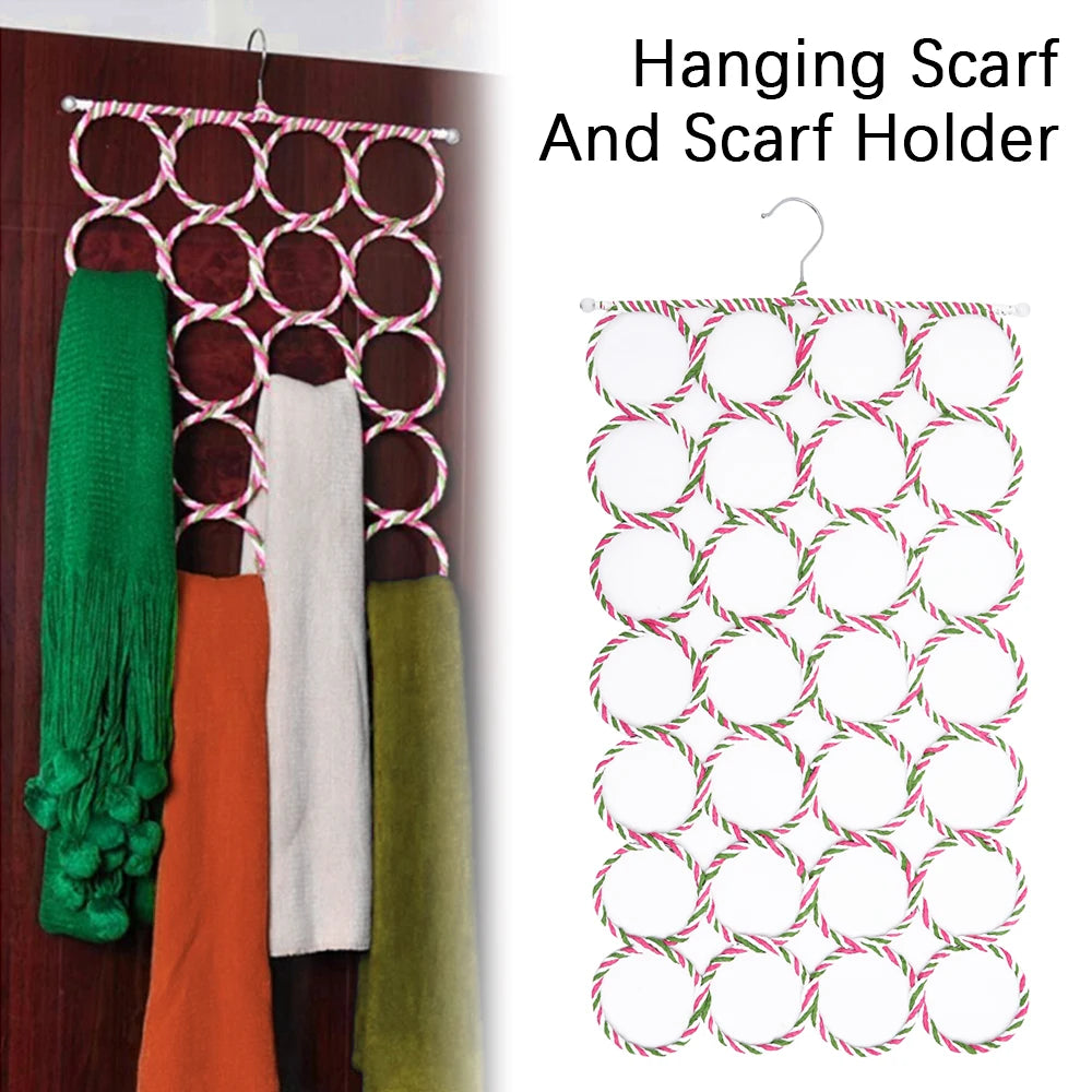 Foldable rattan scarf organizer with 28 rings hanging on a closet door, holding scarves
