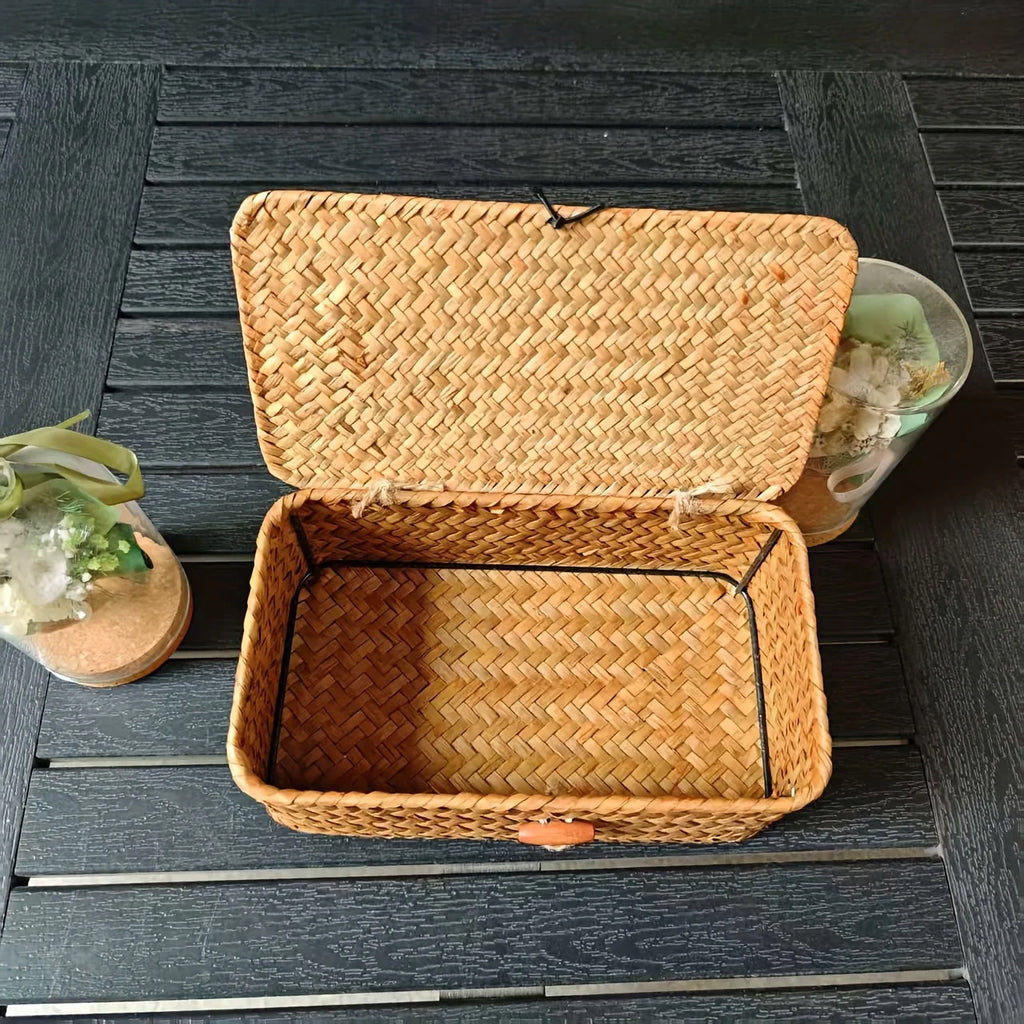 Arden Woven Lidded Storage Basket – Rectangular Bamboo Desktop Box