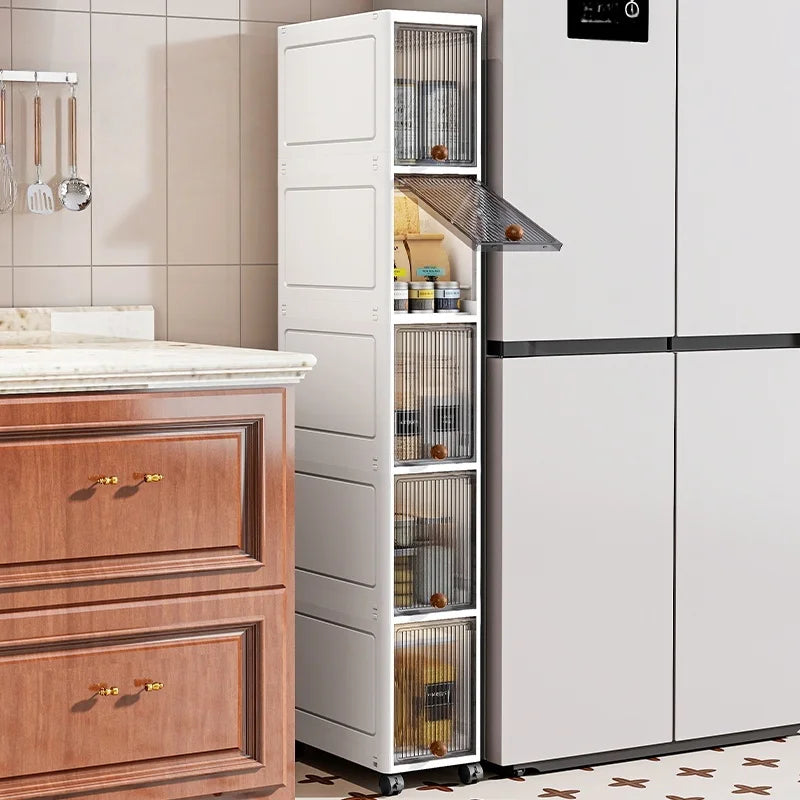 slim rolling kitchen storage cabinet with open door displaying pantry items