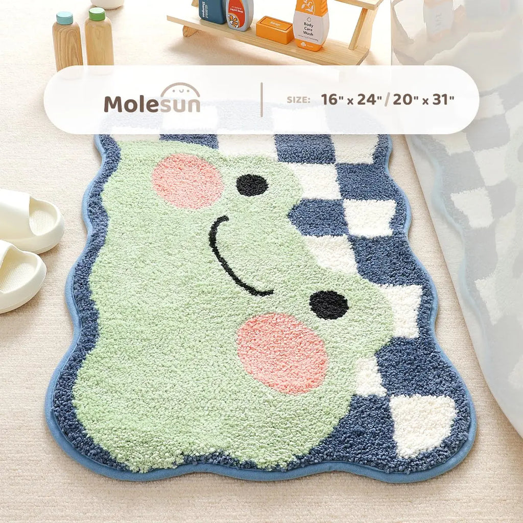 frog bath mat placed beside tub with size chart overlay