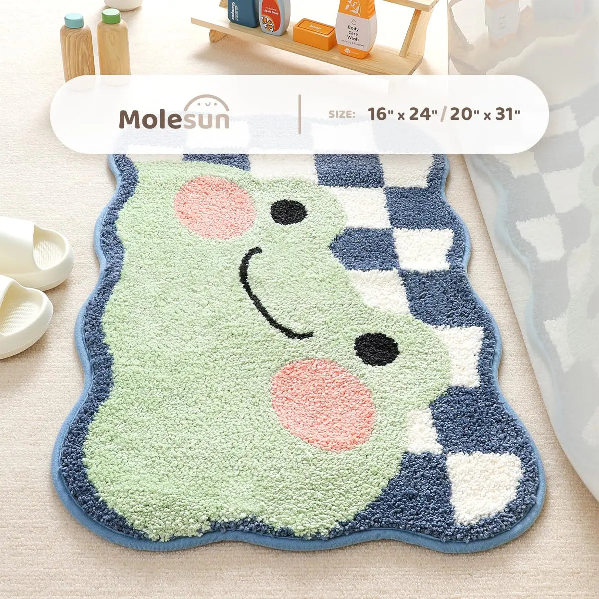 frog bath mat placed beside tub with size chart overlay