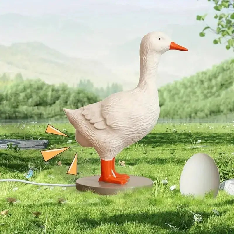 Cartoon-style duck lamp illustration, shown outdoors with an egg and grass background