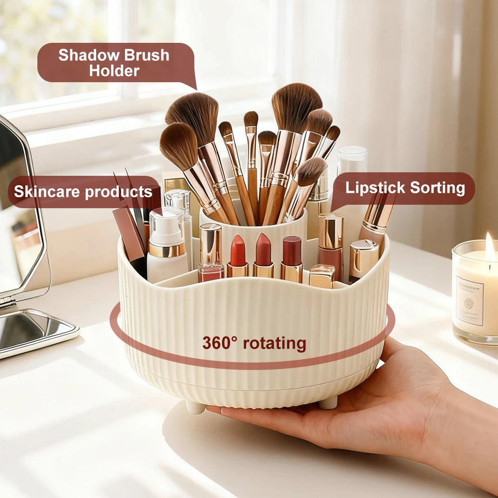 Labelled makeup brush and lipstick holder with hand holding cream organizer on a vanity