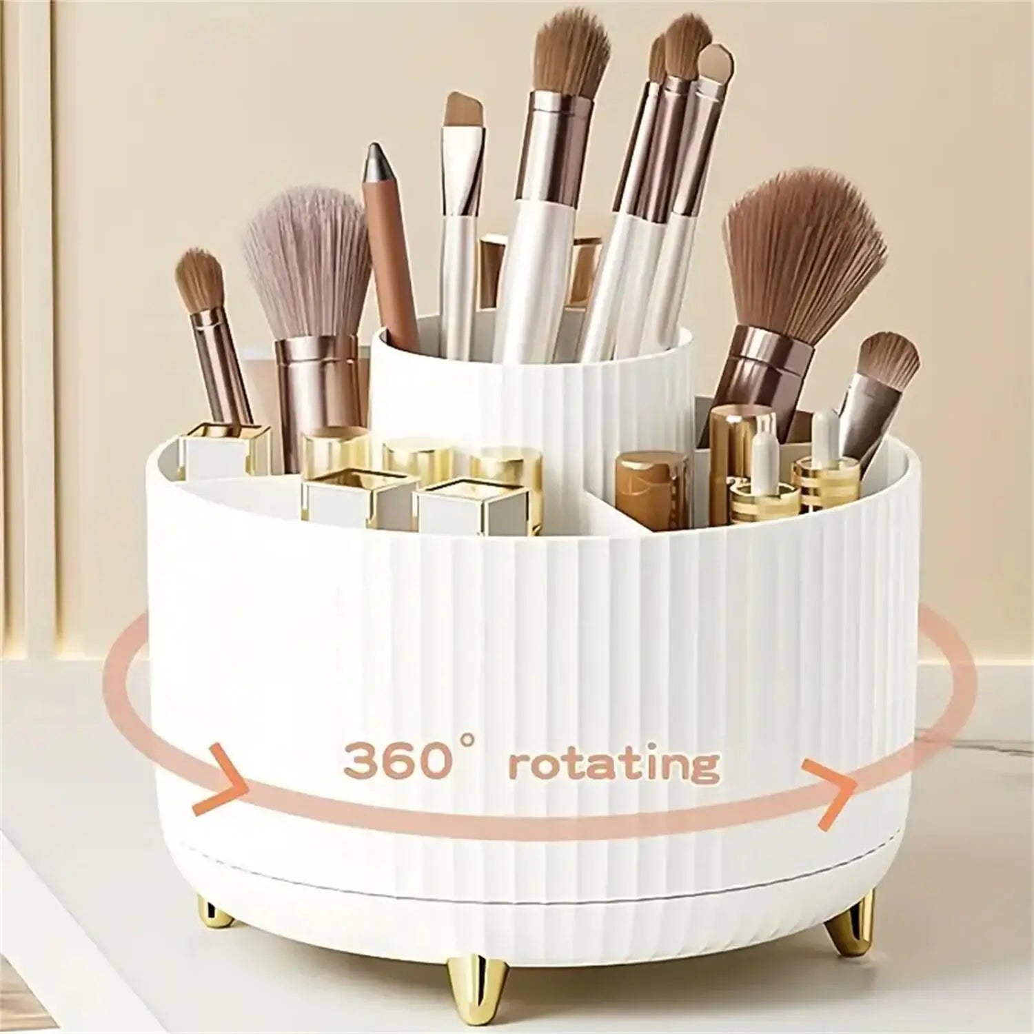 White rotating makeup organizer holding brushes and lipsticks on a vanity top