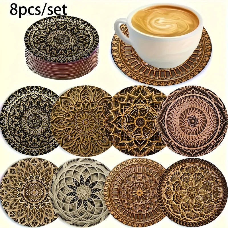Mandala Flower Wooden Coaster Set, Single-Sided Print, Round, 4 in