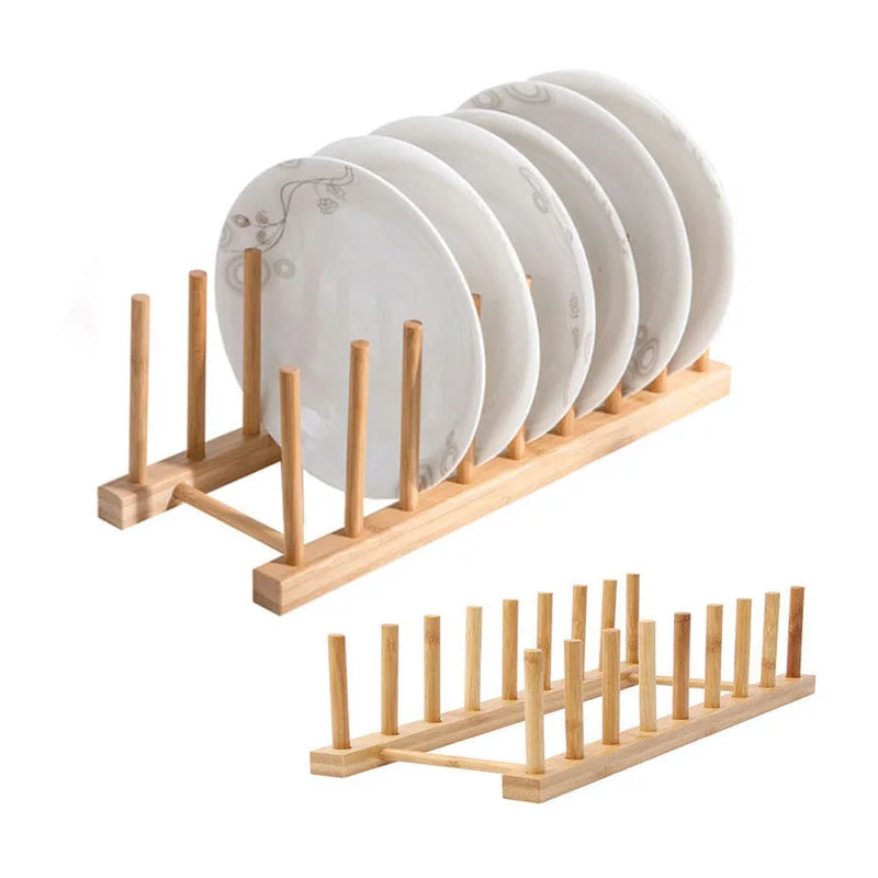 Wooden plate rack holding white plates, kitchen countertop organizer