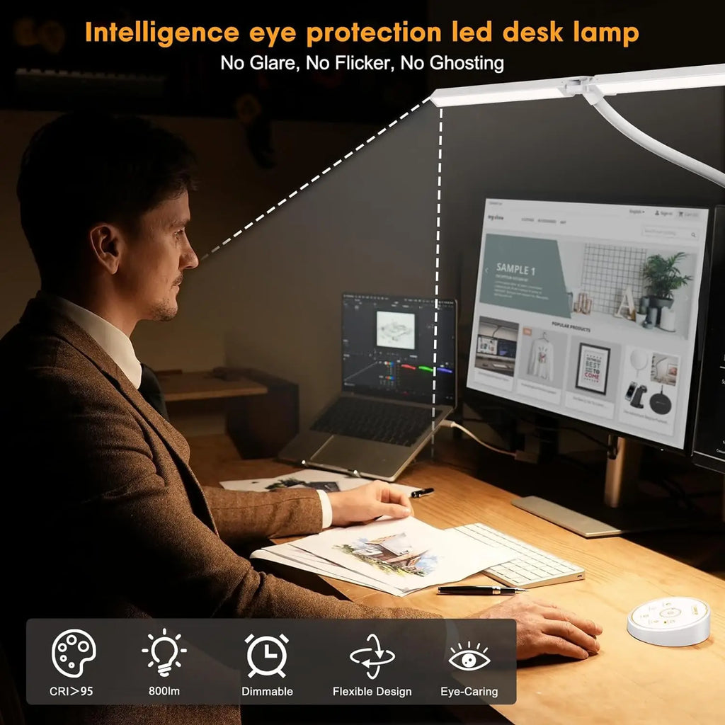 Person working at a desk with an LED lamp, highlighting eye comfort features and dimming
