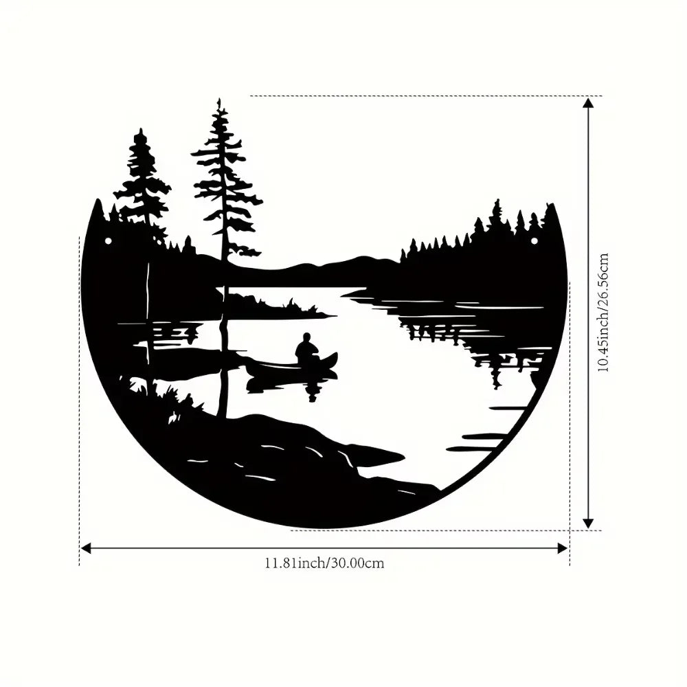 Dimensions diagram for round lake and mountain metal wall art, measuring 30cm wide by 26.5cm high