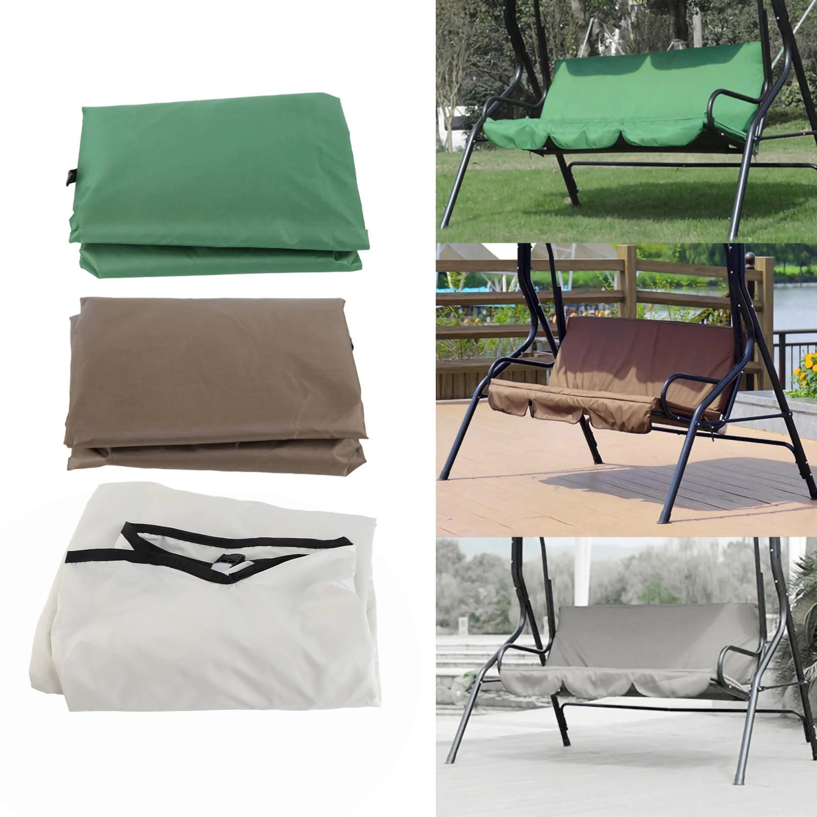 Outdoor swing cushion covers in green, brown, and white shown folded and on swings
