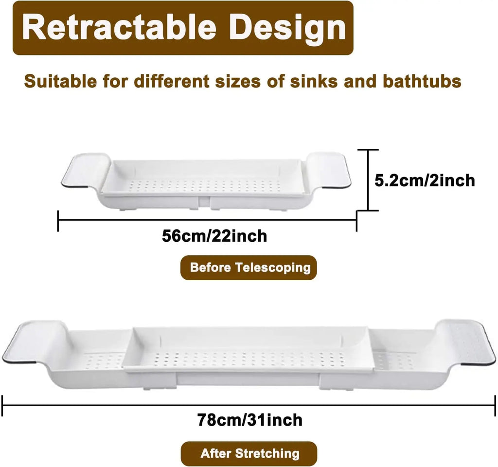 White expandable bathtub tray dimensions before and after stretching