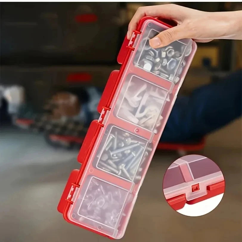 Hand holding organizer box filled with nuts, bolts, and hardware, lid closed
