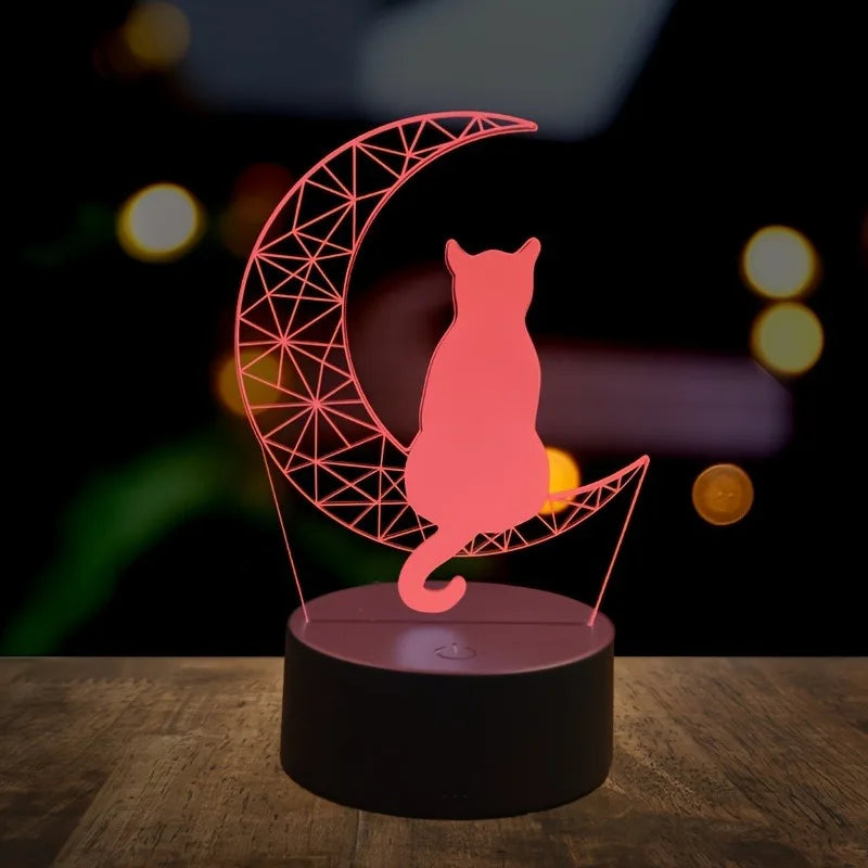 3D LED cat night light glowing in red on a black base