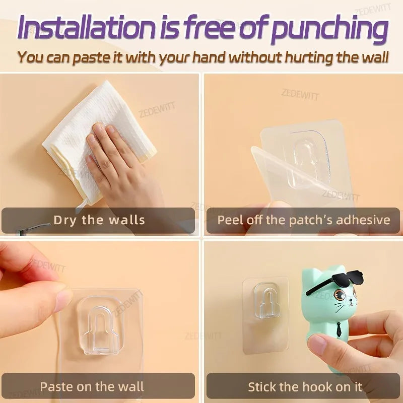 Step-by-step installation instructions for adhesive cat wall hook on a smooth wall