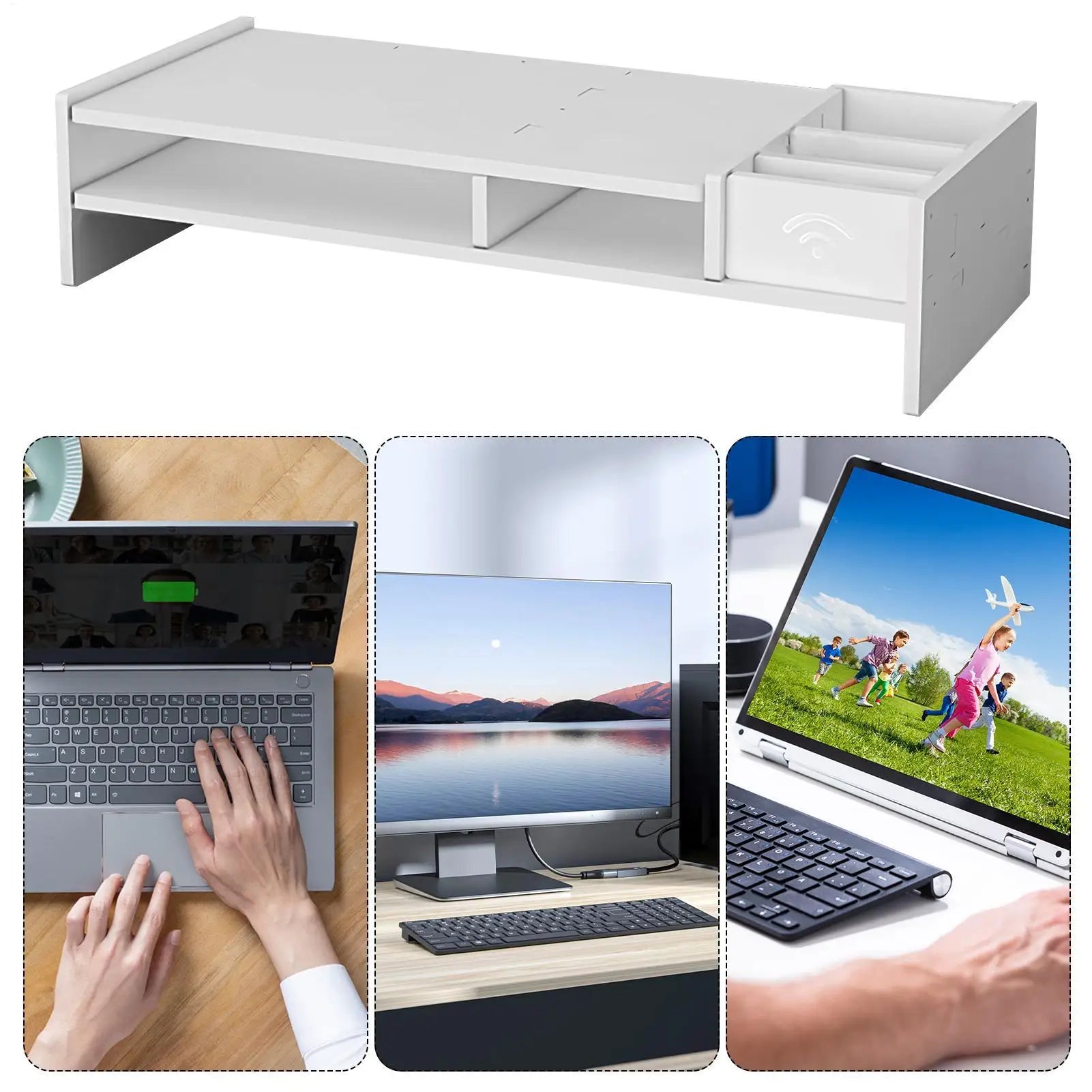 Three-Tier Desk Organizer Shelf with Monitor Riser and Storage Compartments