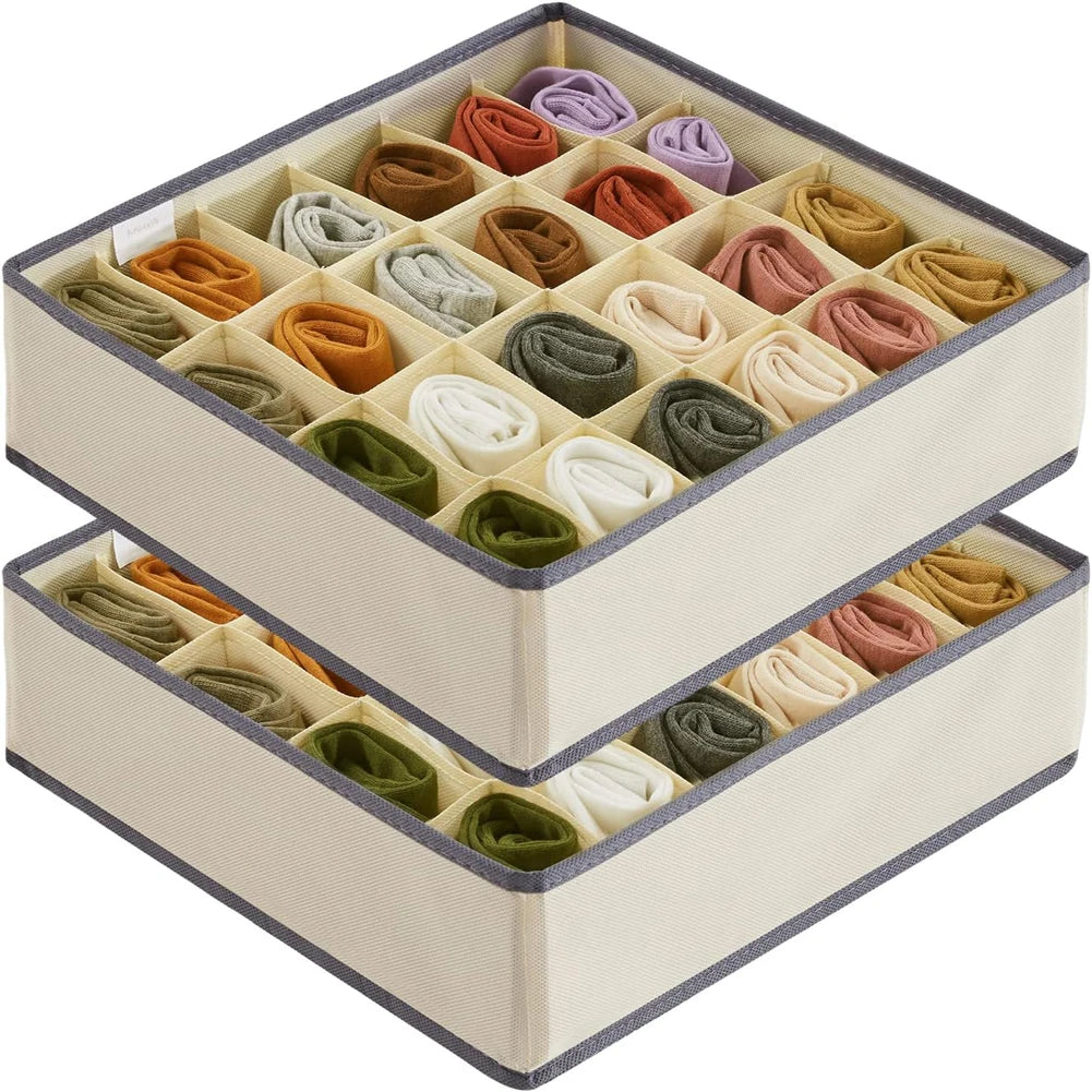 24-Grid Foldable Sock & Underwear Drawer Organizer Bin – Non-Woven Fabric, Stackable, in Gray or Beige