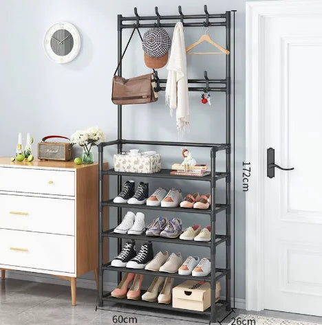 Metal Entryway Organizer Rack with 3–5 Shelves & 8 Hooks for Shoes, Coats, Hats, and Accessories