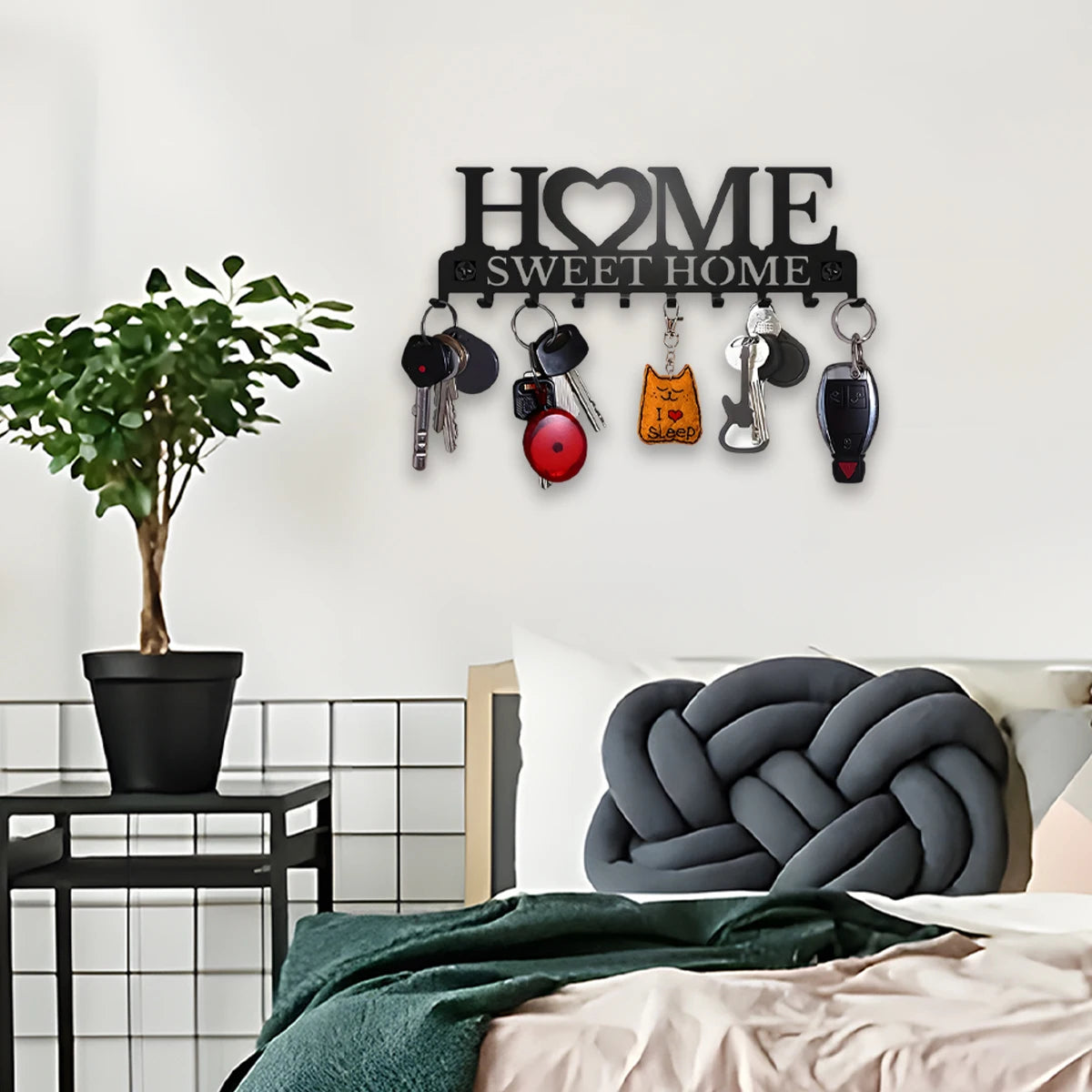 Wall-Mounted Black Metal Key Rack with 10 Hooks