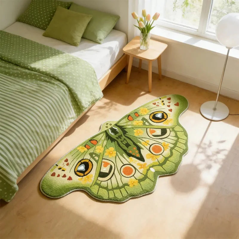 green and yellow butterfly shaped rug in a sunlit bedroom next to a bed