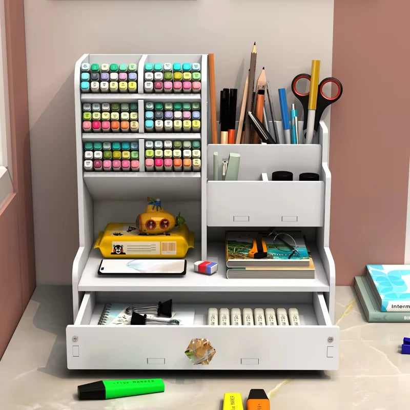 Multi-Compartment White Desk Organizer with Drawer for Pens, Markers & Office Supplies