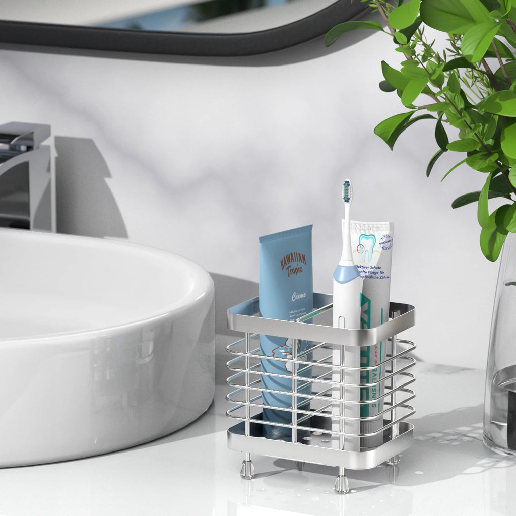 Stainless Steel Toothbrush Holder – Wall Mounted or Countertop Bathroom Organizer
