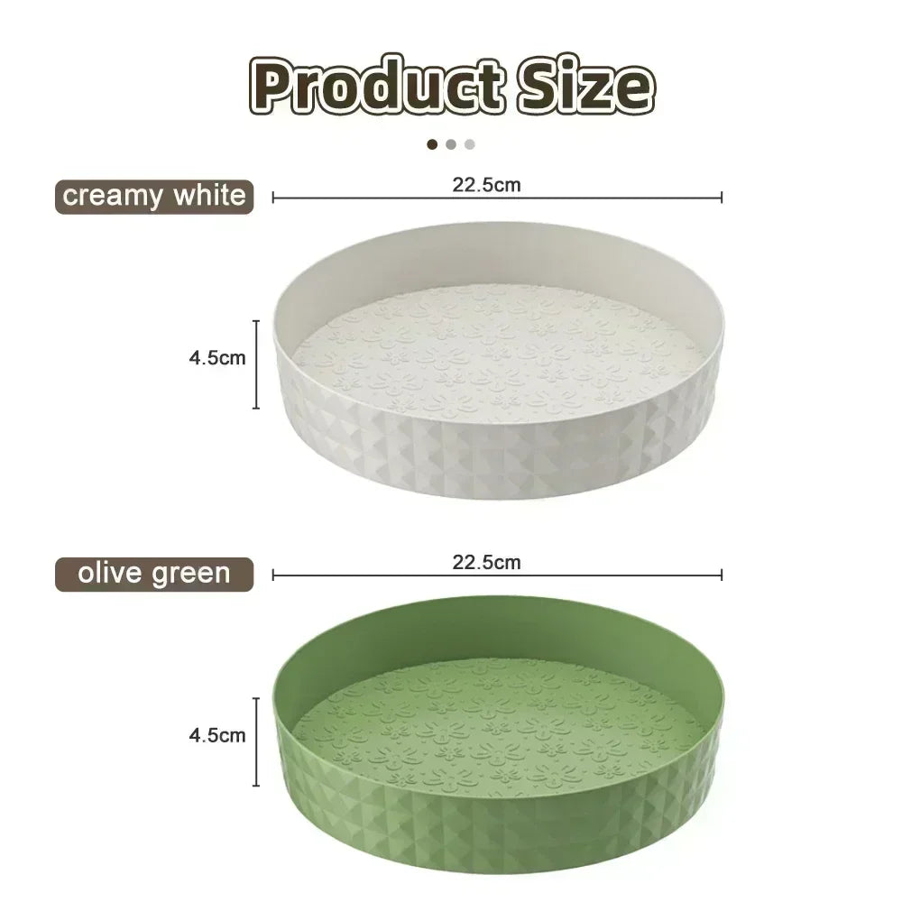 Top-down view of two turntable trays, labeled creamy white and olive green, with measurements of 22.5 cm diameter and 4.5 cm height